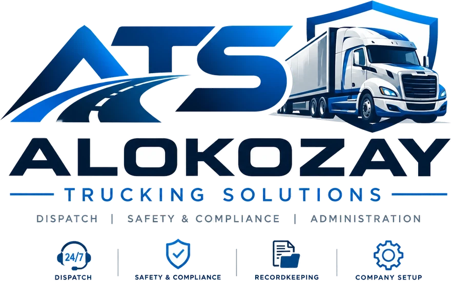 The ATS logo: Alokozay Trucking Solutions. Dispatch, safety and compliance, administration: dispatch, safety and compliance, recordkeeping and company setup.